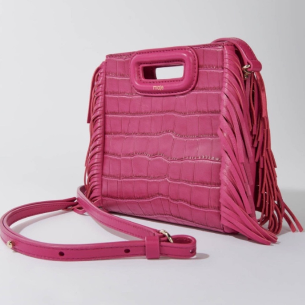 Maje Mini M Bag - Pink Fuchsia Croc-Embossed Fringe Crossbody Bag